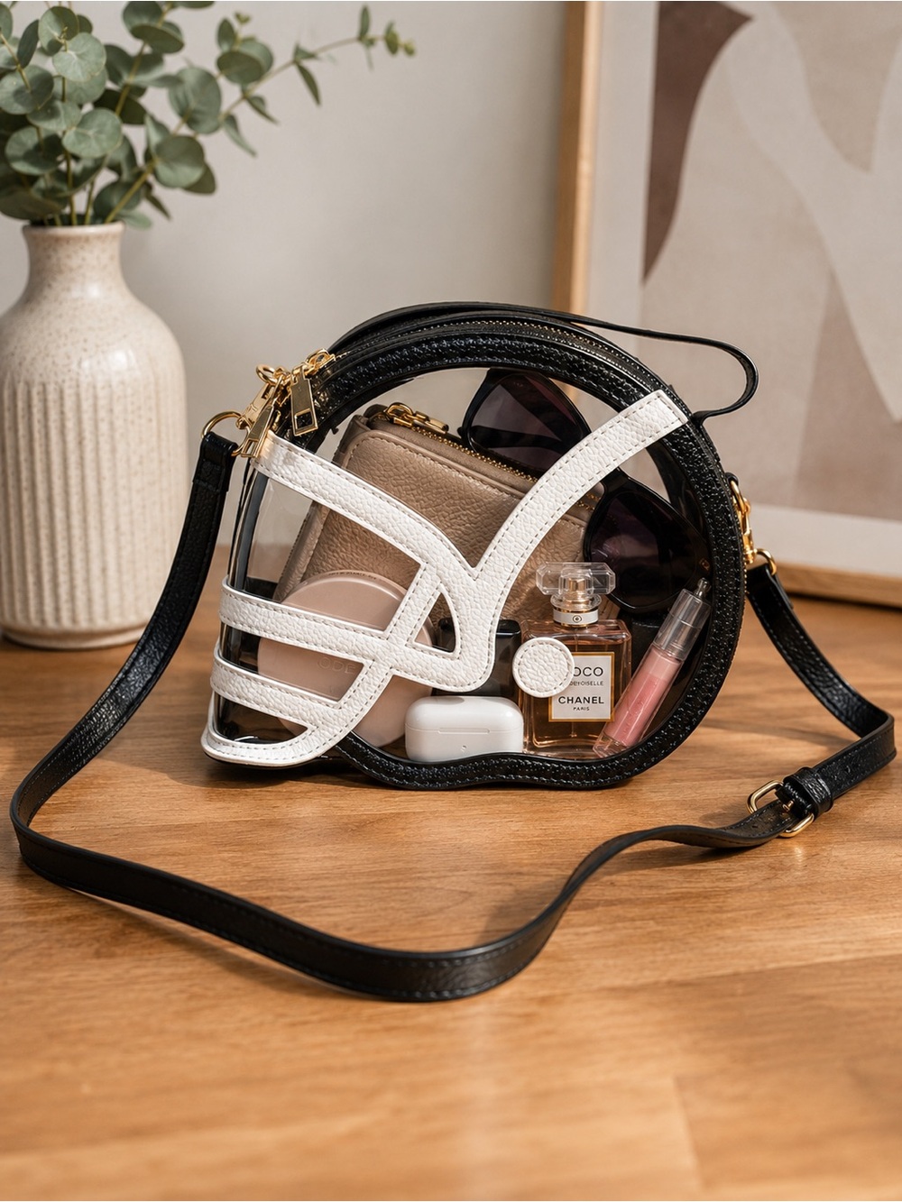 Clear Round Crossbody Bag with White Trim - Women Bags